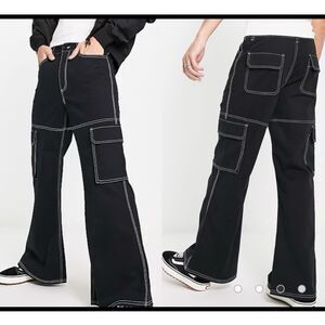ASOS Design Cargo Pants Ultra Flare Black Contrast Stitch 30x34 Mid Rise #1204
